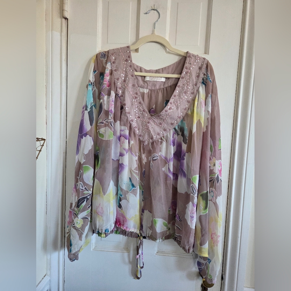 Badgley Mischka Pastel Floral Beaded Blouse